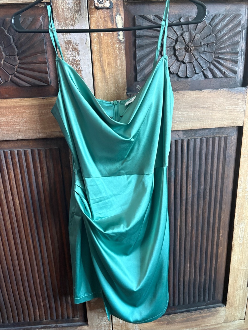 vestique Teal Satin Cowl Slip Mini Dress